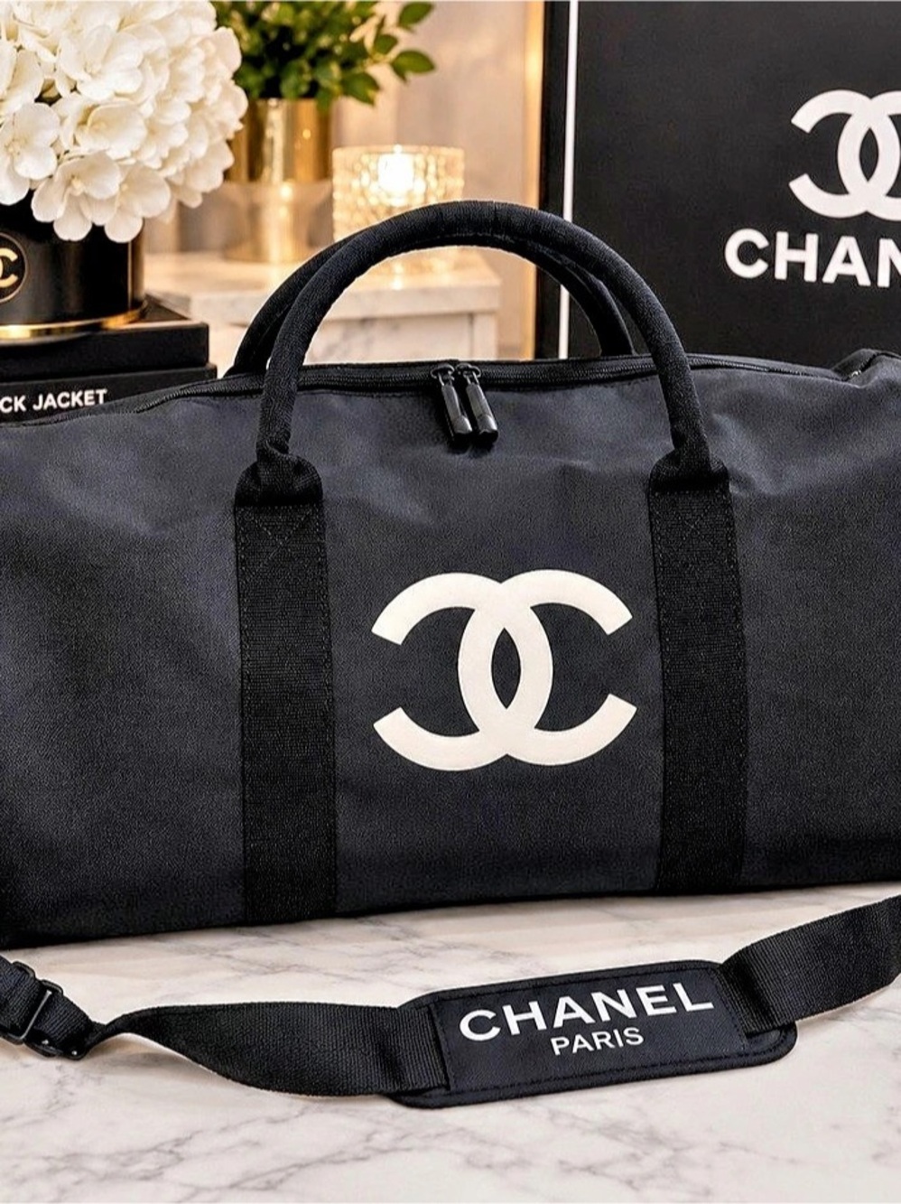 Chanel VIP Gift With Purchase Duet Duffle Travel Bag Black & White